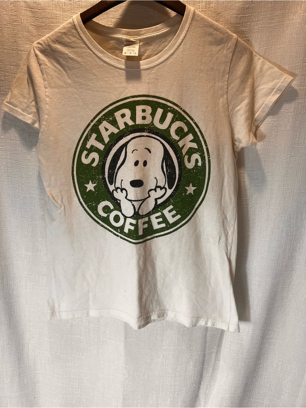 Gildan Starbucks White Kids Tee with Green Logo and Black Snoopy Design